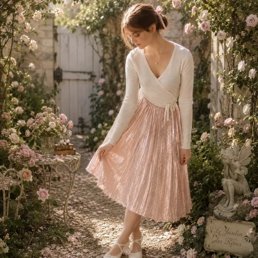 Club Monaco Blush Metallic Pleated Skirt Sz 10 Balletcore Quiet Luxury Coquette - Picture 3 of 10